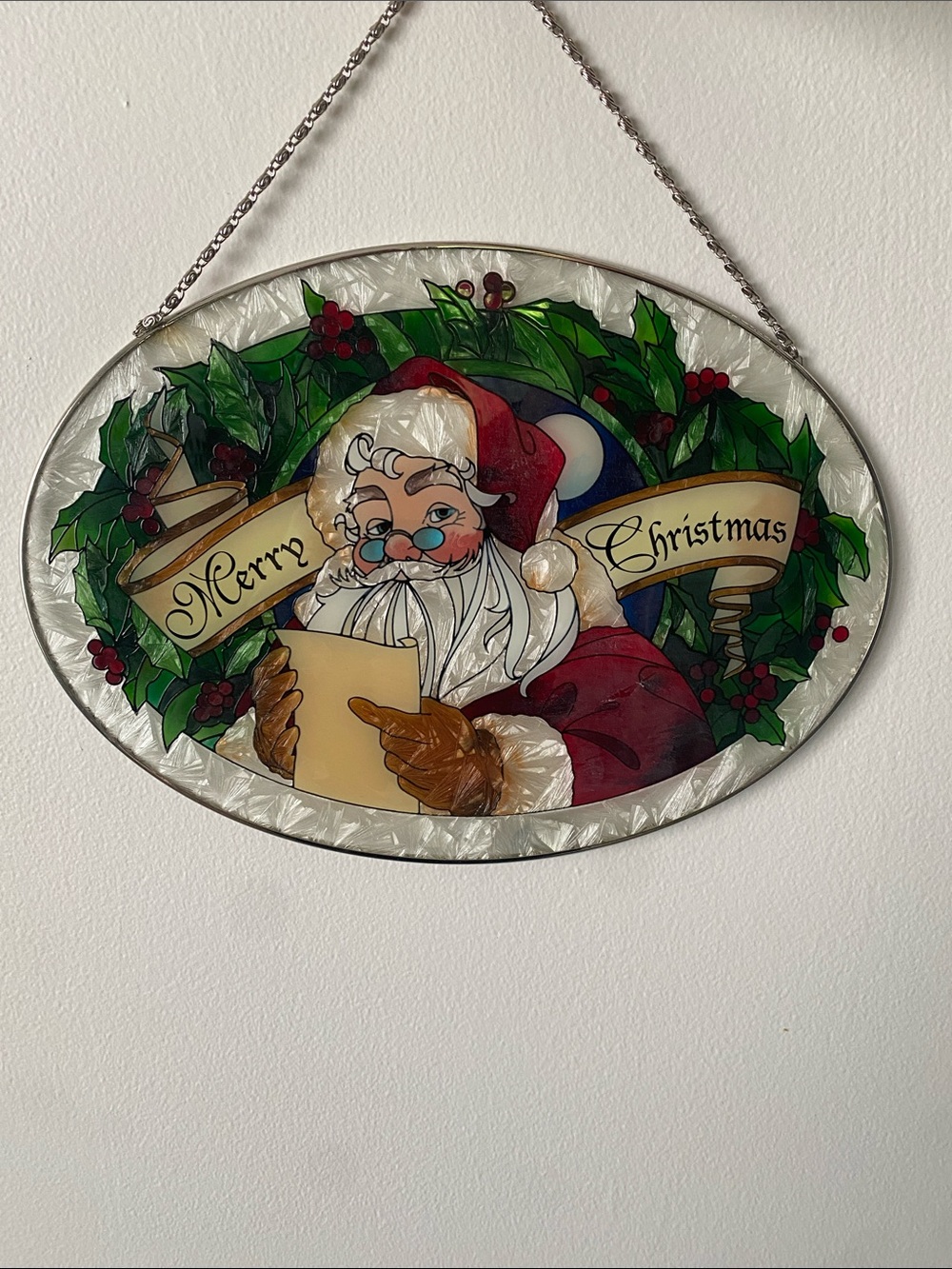 Santa Claus Stained Glass Style Holiday Wall Hanging Art Panel, Santa's List NWT
